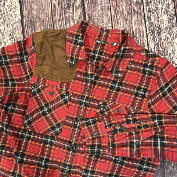 Eddie Bauer Button Up Shirt Red Plaid Flannel Faux Leather Shoulder Patch Medium - Picture 8 of 10